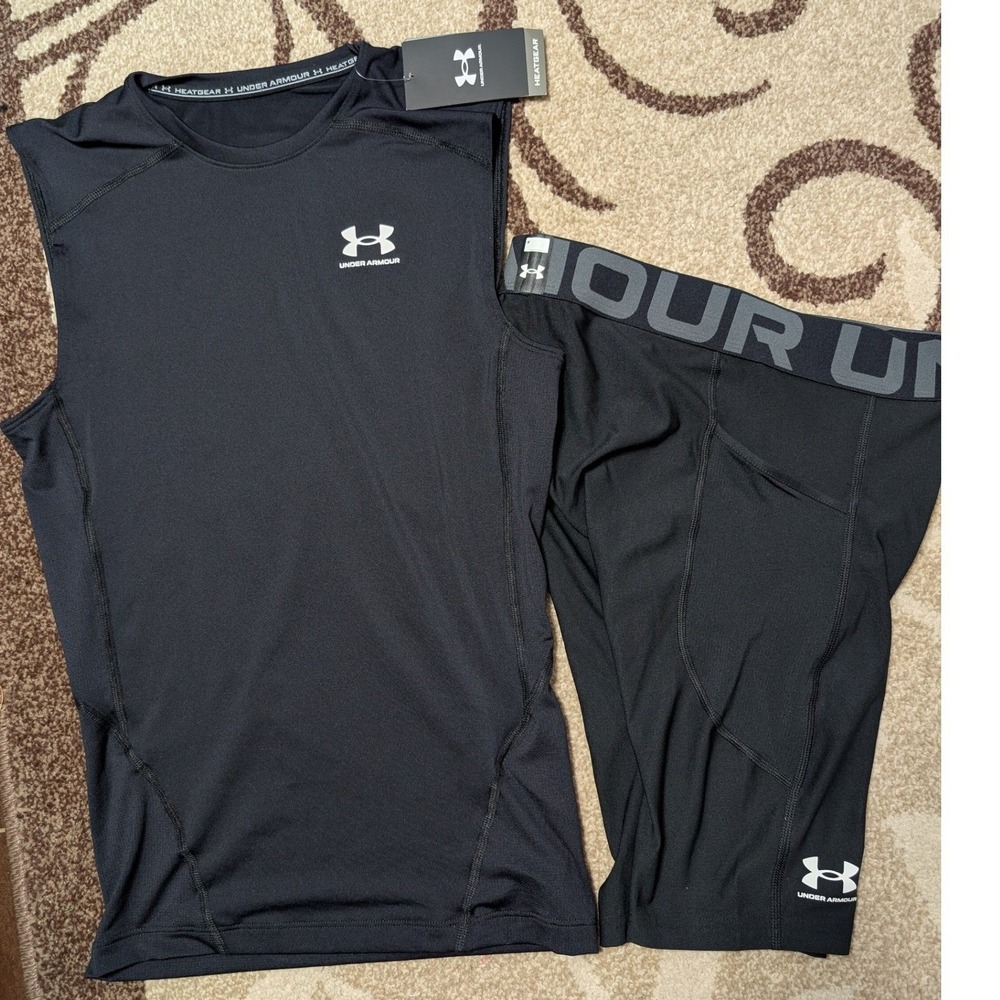 NEW Under Armour HeatGear Mens Small Compression Set Tank and Shorts Black